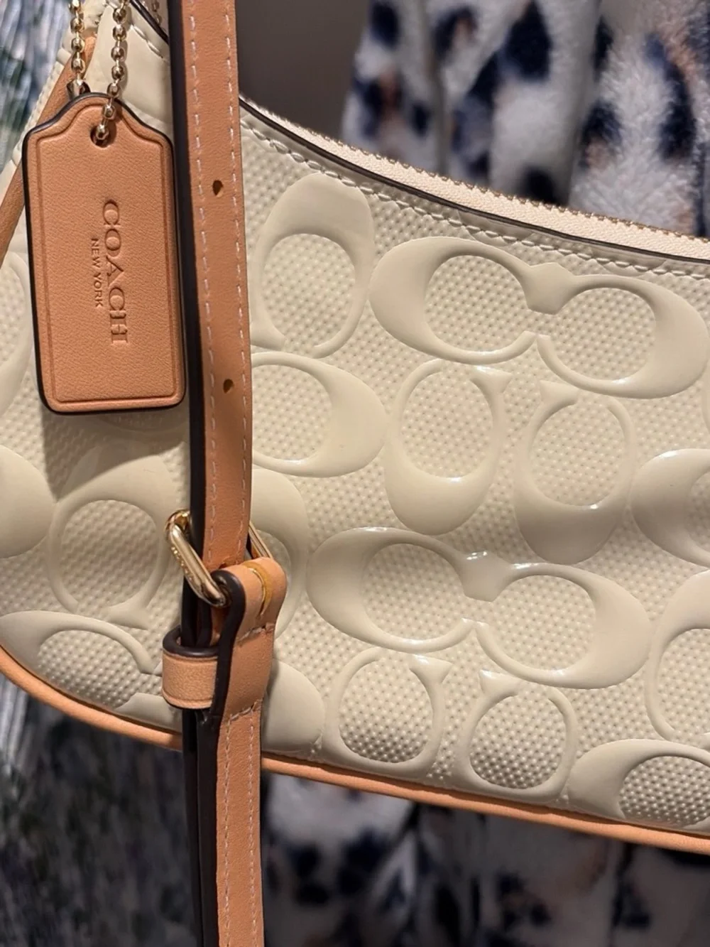 Coach Cream Signature Embossed Shoulder Bag with Tan Trim